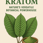 3 kratom leaves with a bowl of kratom powder