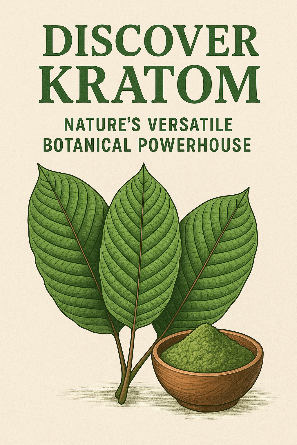 3 kratom leaves with a bowl of kratom powder