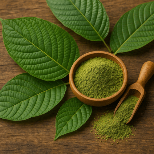 Bulk Kratom Depot | How To Buy Kratom Powder Online The Right Way Natural kratom powder in a wooden bowl with fresh green kratom leaves on a rustic wooden surface