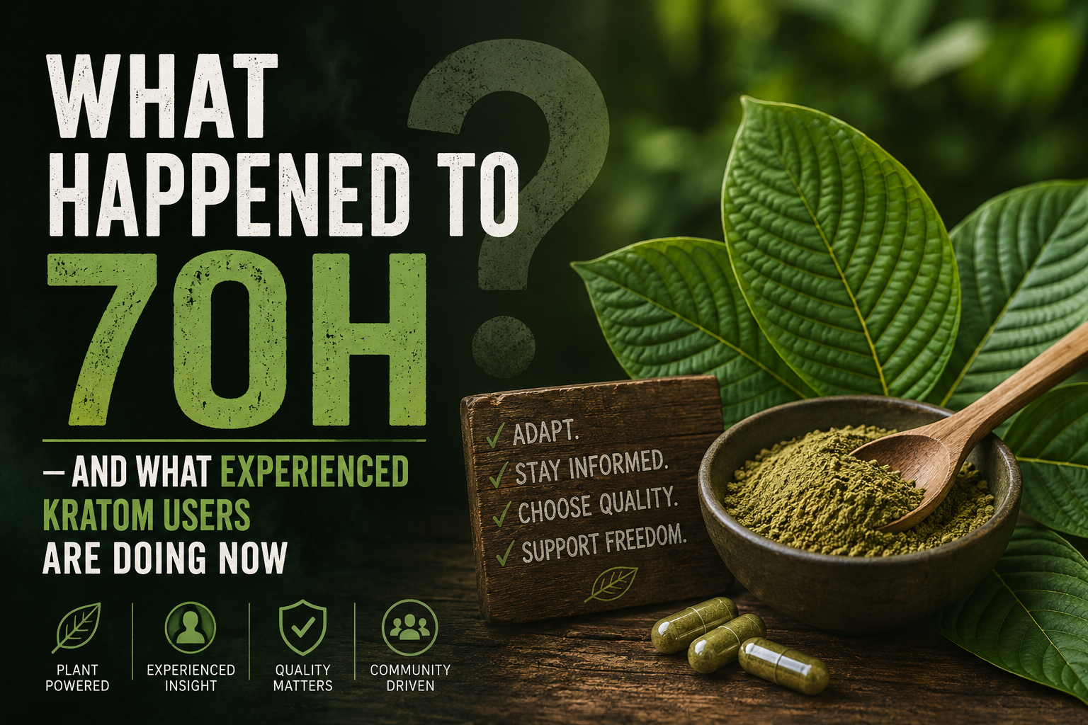 Blog header image for What Happened to 7OH and What Experienced Kratom Users Are Doing Now — featuring kratom leaves, green powder, capsules, and a checklist reading Adapt, Stay Informed, Choose Quality, Support Freedom
